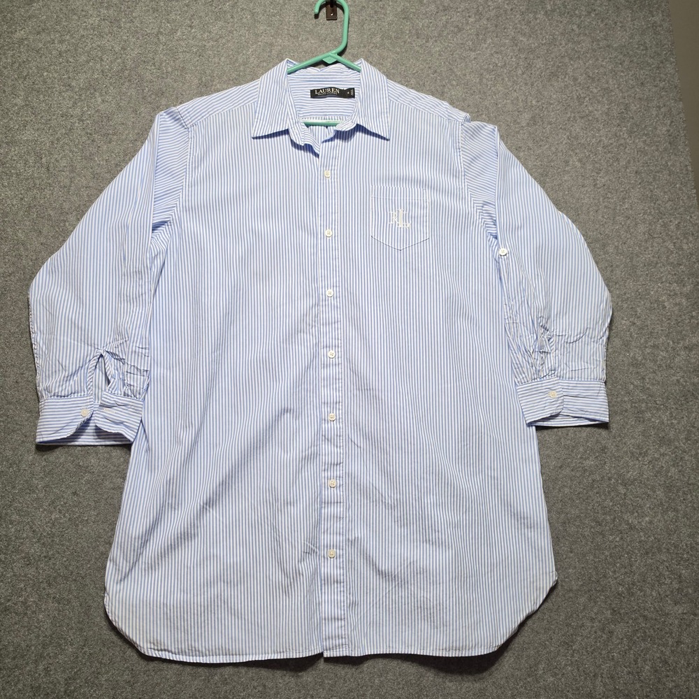 Lauren Ralph Lauren Womens 1X Blue White Striped Roll Tab Tunic Button Down